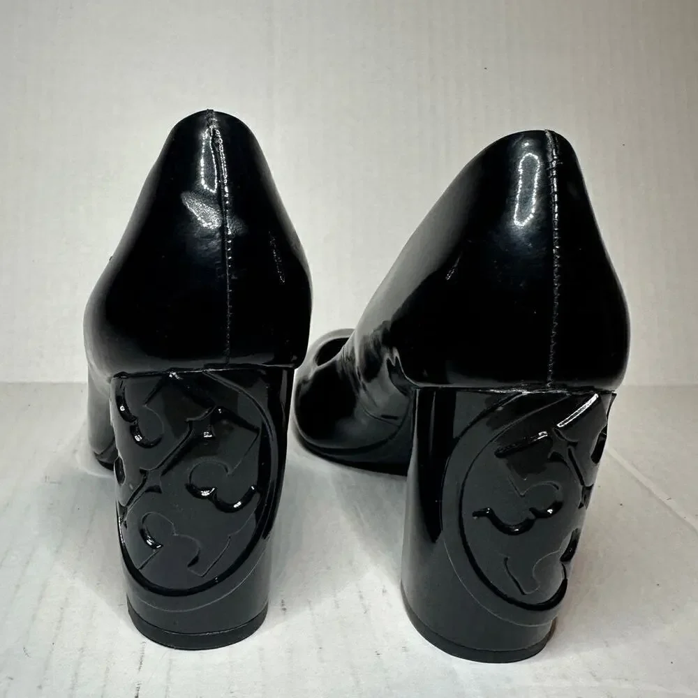 Tory Burch Size 6.5 Logo Black Patent Leather Pump Heels Workwear Office Siren